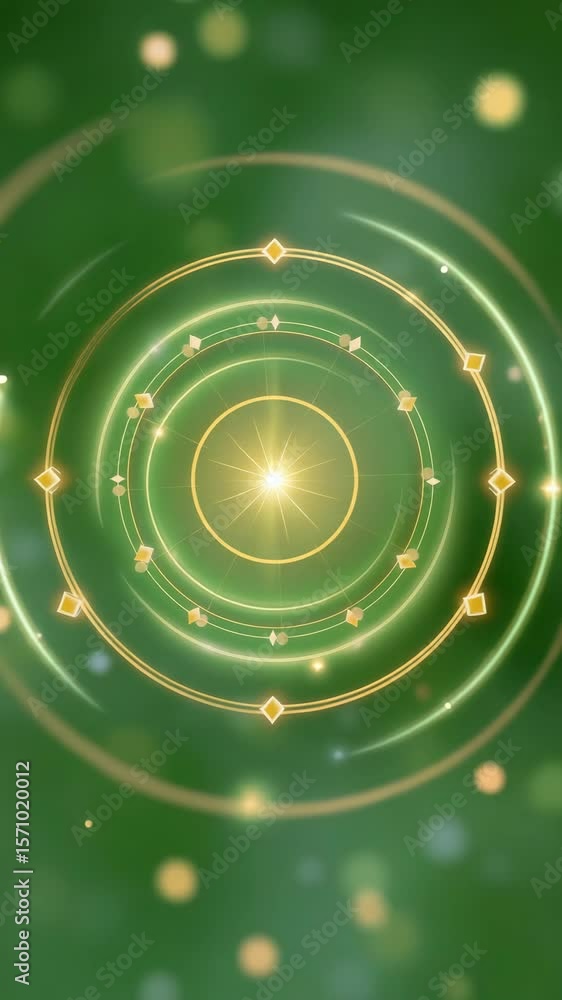 Poster vibrant glowing circular design with golden patterns on lush green background
