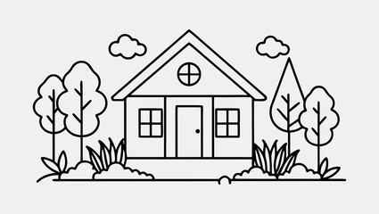 Elegant One Line Drawing of Tiny Green House with Garden and Trees