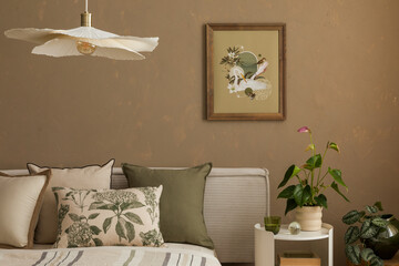 Contemporary bedroom with plant decor, elegant lighting, bed styled with green and beige cushions, plants and personal accessories. Mock poster above the bed.