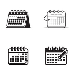 Four black and white calendar icons with different designs date month