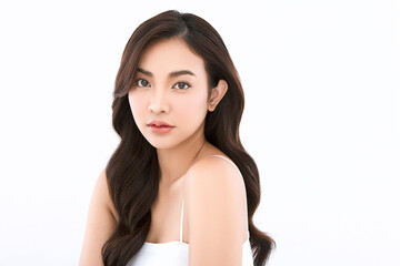 A beautiful young Asian woman with clean, fresh skin against a white background. Skincare, facial...