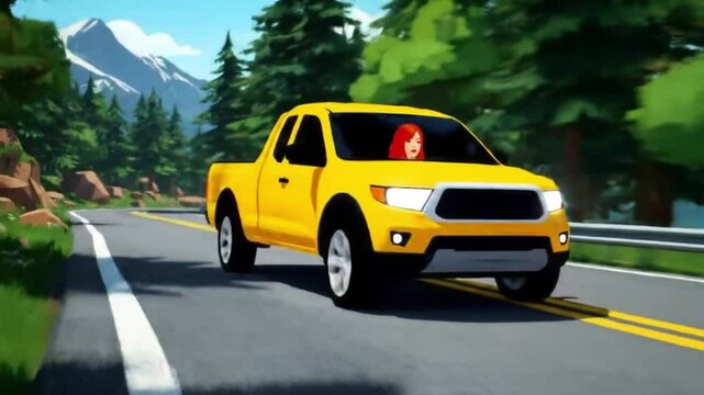 Yellow pickup truck driving through a scenic pine forest road
