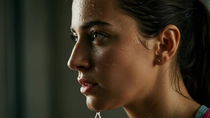 A sweaty woman after a workout shows determination in a closeup portrait