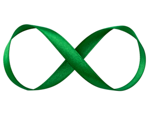 A shimmering green satin ribbon gracefully twists into the iconic mathematical infinity symbol.