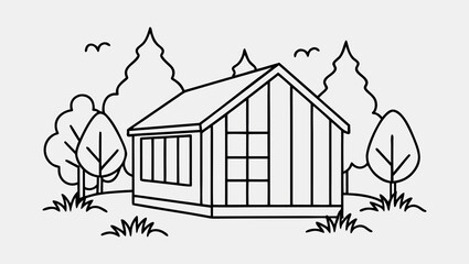 Hand-Drawn Single-Line Sketch of Compact Green House in Garden Setting
