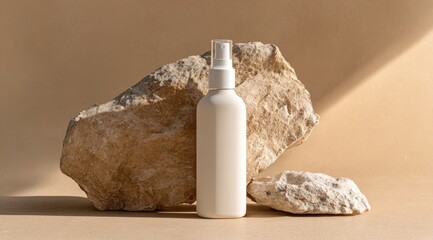 Off-white spray bottle stands between two light beige rocks on a beige background, sunlight casting shadows