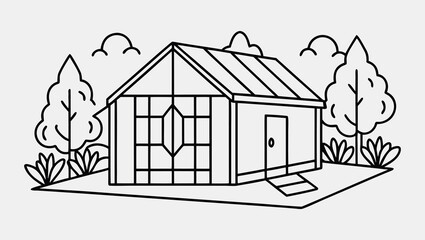 Hand-Drawn Single-Line Sketch of Compact Green House in Garden Setting