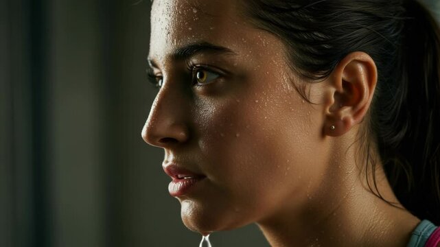 A sweaty woman after a workout shows determination in a closeup portrait