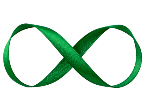 A shimmering green satin ribbon gracefully twists into the iconic mathematical infinity symbol.