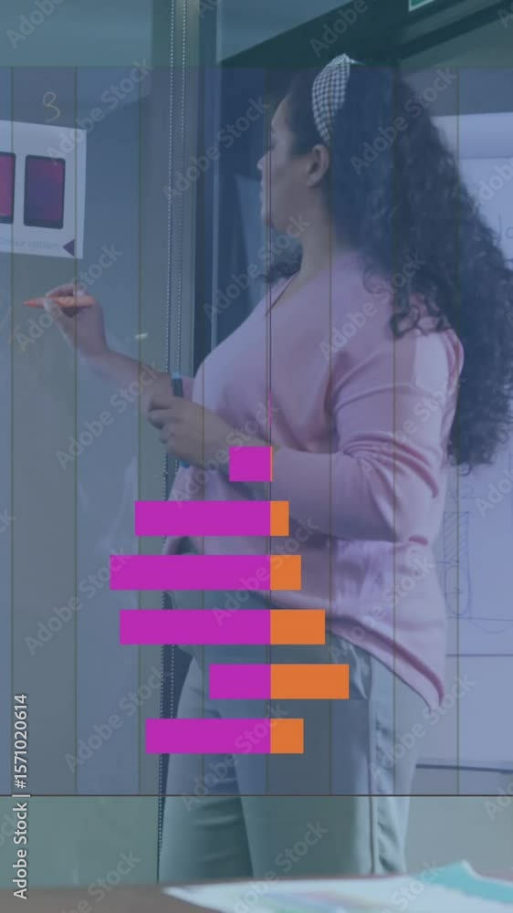 Poster animation of statistical data processing against woman giving a presentation at office