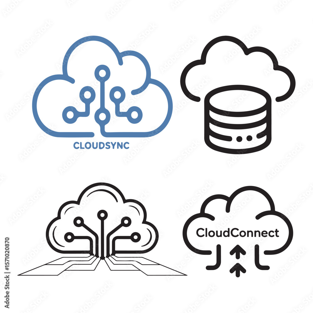 Poster four cloud technology icons with circuit board and data symbols connection sync