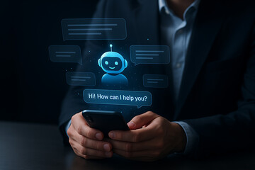 AI bot, chatbot interface, ChatGPT style, virtual assistant, blue robot avatar, friendly AI, smartphone screen, conversational AI, smart assistant, mobile chatbot, digital helper, AI interaction, chat