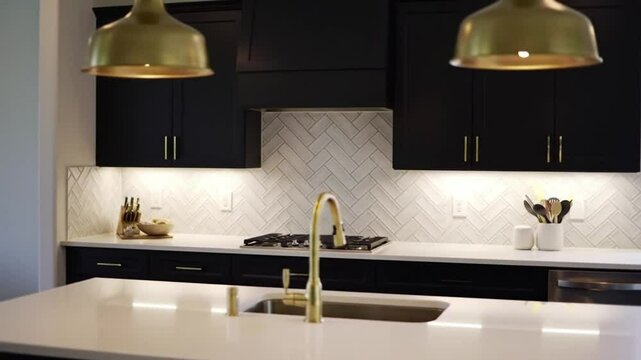 Modern black-and-white kitchen interior with backsplash and golden lights
