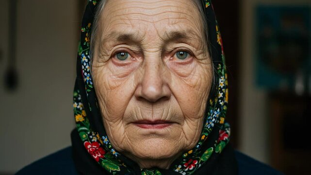 A serious elderly woman with wrinkles wears a traditional floral headscarf