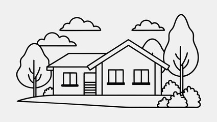 Minimalist One Line Art of Green Home in Natural Village Setting
