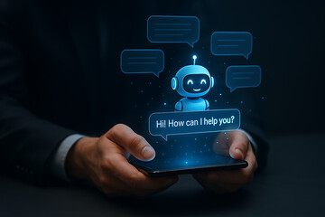 AI bot, chatbot interface, ChatGPT style, virtual assistant, blue robot avatar, friendly AI, smartphone screen, conversational AI, smart assistant, mobile chatbot, digital helper, AI interaction, chat