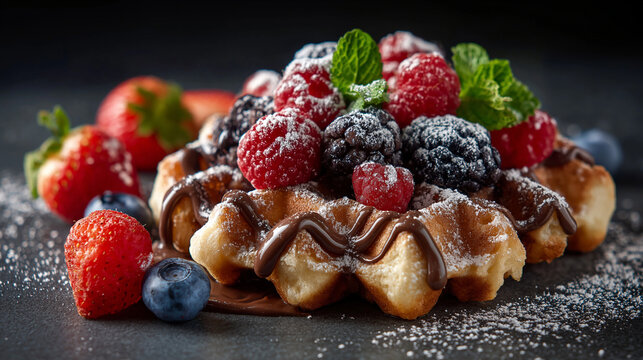 Fluffy Belgian waffle with a generous topping of fresh mixed berries, mint, chocolate, and powdered sugar, for indulgent breakfast