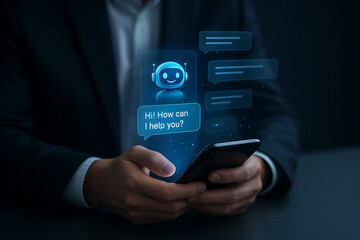 AI bot, chatbot interface, ChatGPT style, virtual assistant, blue robot avatar, friendly AI, smartphone screen, conversational AI, smart assistant, mobile chatbot, digital helper, AI interaction, chat