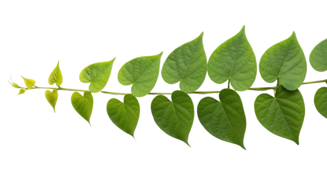 Green climbing vine with heart-shaped leaves growing in size progression, isolated on white background