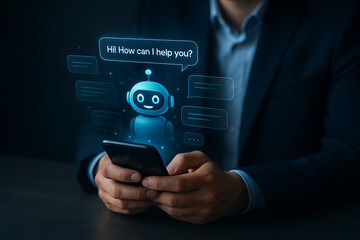 AI bot, chatbot interface, ChatGPT style, virtual assistant, blue robot avatar, friendly AI, smartphone screen, conversational AI, smart assistant, mobile chatbot, digital helper, AI interaction, chat