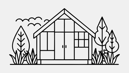 Single Line Art of Small Green House with Garden and Leafy Trees