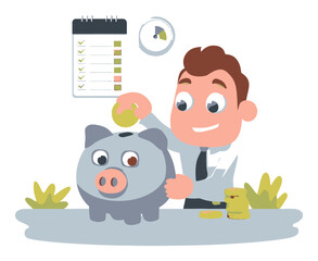 Happy Businessman Saving Money in Piggy Bank with Checklist and Coins
