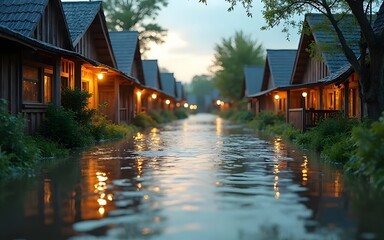 Fototapeta premium Scenic view of cottages reflected in water on a flooded street at twilight, showcasing a tranquil yet surreal landscape after heavy rainfall and flooding event.