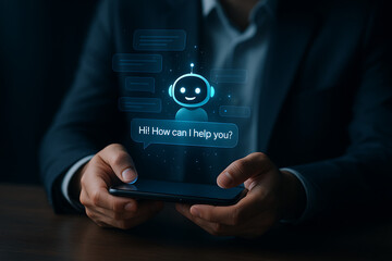 AI bot, chatbot interface, ChatGPT style, virtual assistant, blue robot avatar, friendly AI, smartphone screen, conversational AI, smart assistant, mobile chatbot, digital helper, AI interaction, chat