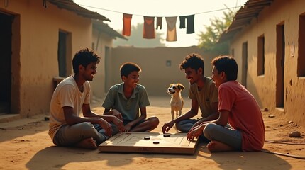 Friends playing carrom in a village setting.