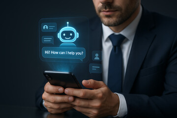 AI bot, chatbot interface, ChatGPT style, virtual assistant, blue robot avatar, friendly AI, smartphone screen, conversational AI, smart assistant, mobile chatbot, digital helper, AI interaction, chat