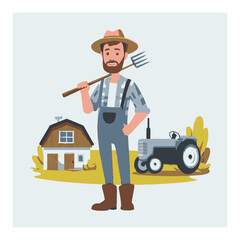 Obraz premium Cartoon Farmer with Tractor and Barn in a Vector Style Illustration