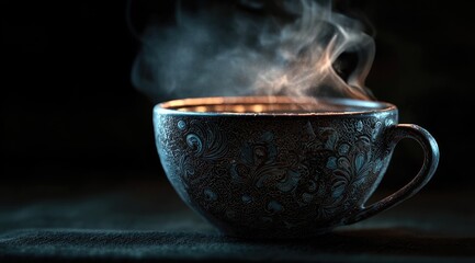 Fototapeta premium Ornate dark teal teacup, steaming, sits on dark surface against black background; low-key lighting