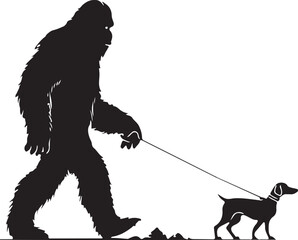 Bigfoot Walking a Dog on a Leash Silhouette Vector Illustration on Transparent Background