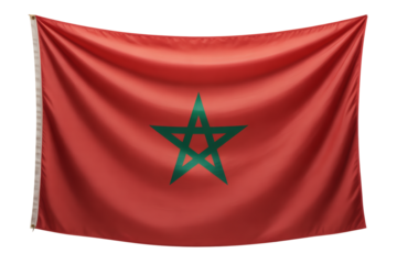 A vibrant Moroccan flag waving, showcasing its red field and green star emblem against a dark backdrop, perfect for patriotism display