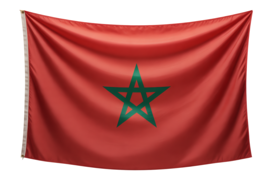 A vibrant Moroccan flag waving, showcasing its red field and green star emblem against a dark backdrop, perfect for patriotism display