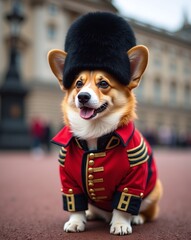 Adorable corgi dressed as a royal guard standing proudly in London, capturing the essence of British charm and doggy delight.