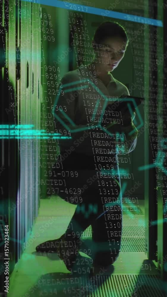 Poster animation of changing numbers, molecule structures over caucasian woman checking data server