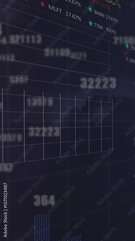 Poster animation of numbers, data processing and statistics over storm
