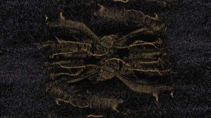 A mesmerizing dark abstract background with intricate, golden, shimmering patterns resembling a stylized butterfly or bow. Digitally generated image.