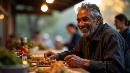 mature man enjoying meal outdoors at wooden table, surrounded by fresh vegetables and warm lights. concept of community and togetherness. lifestyle and food theme