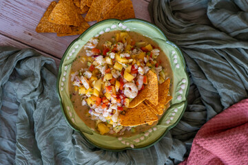 homemade tropical ceviche recipe with mango, shrimp and vegetables