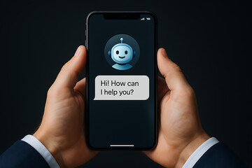 AI bot, chatbot interface, ChatGPT style, virtual assistant, blue robot avatar, friendly AI, smartphone screen, conversational AI, smart assistant, mobile chatbot, digital helper, AI interaction, chat