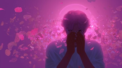 Emotional expression amid a backdrop of floating petals and vibrant colors in a serene setting