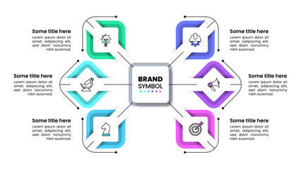 Infographic template. Connected squares with icons and 6 steps