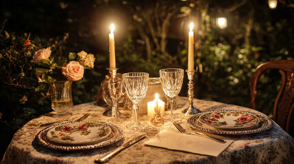 Outdoor evening table settings with candles, crystal glassware and plates, surrounded by flowers and greenery, arranged for dinner or garden entertaining