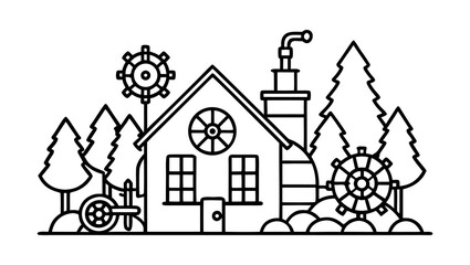 Obraz premium Continuous One Line drawing Vector Sketch of Mechanical House with Gear Trees and Pipe Garden