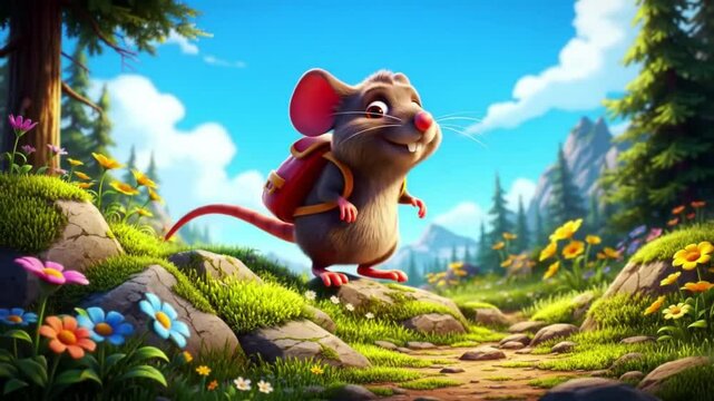 Cartoon mouse character sitting on a leaf, looking happy
