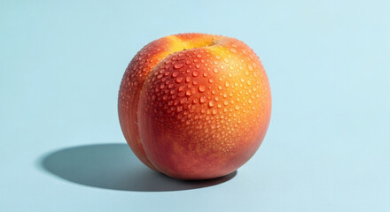 Fototapeta premium Fresh Peach with Water Droplets on Blue Background Close Up