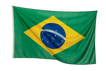 A vibrant Brazilian flag waves, showcasing its green, yellow, blue, and white colors in a patriotic display