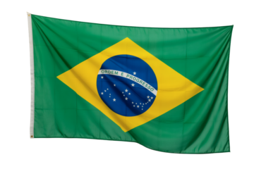 A vibrant Brazilian flag waves, showcasing its green, yellow, blue, and white colors in a patriotic display